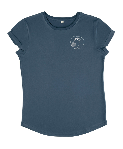 Damen Bio T-Shirt mit kleinem Spatz Print – Fair Fashion in Stone Washed Blue
